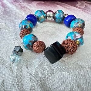 Artisan Blue and Brown Statement Bracelet with hand painted beads 4344